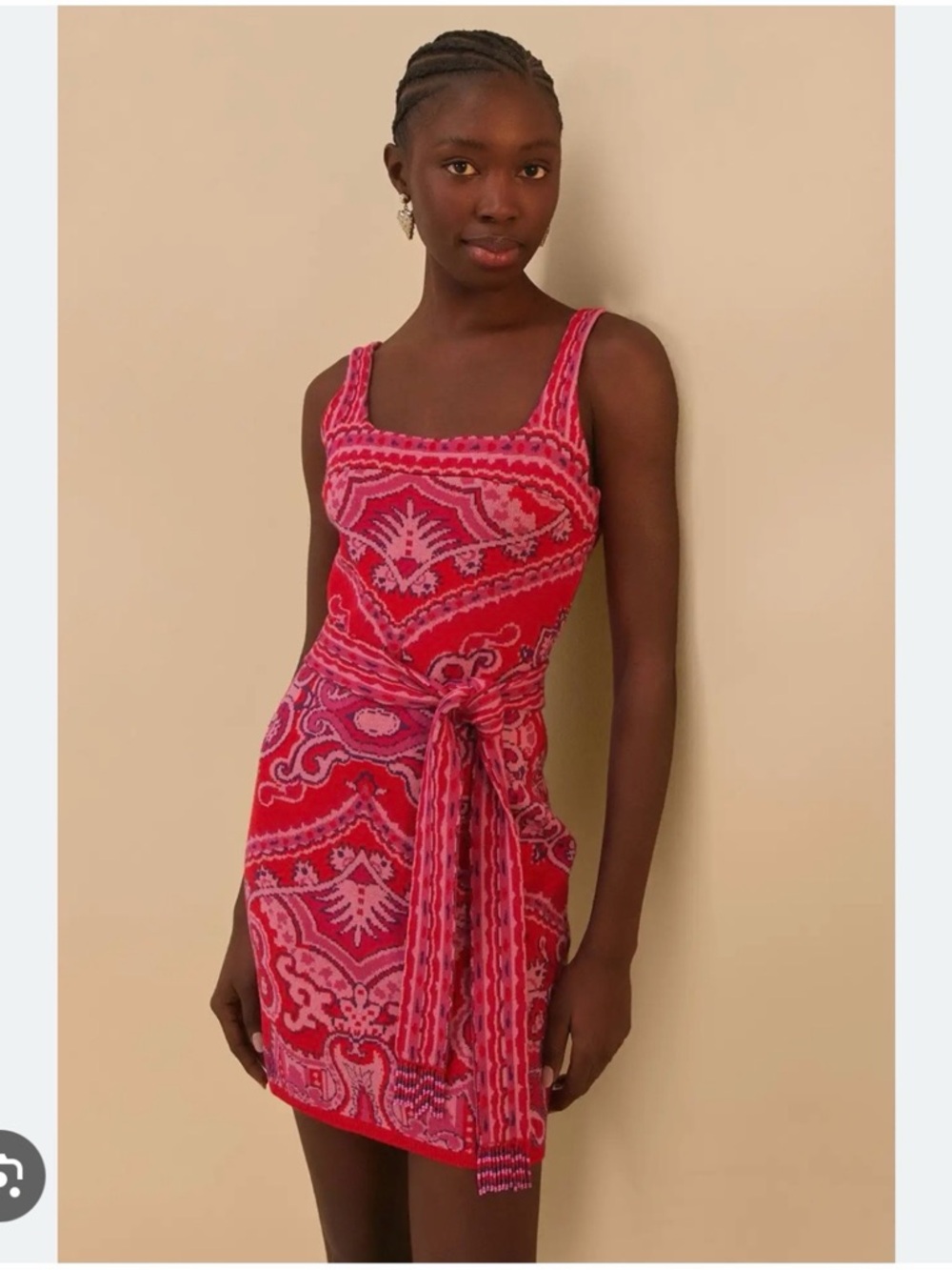 Farm Rio - Pink Red Patterned Tank Mini Dress with Waist Tie